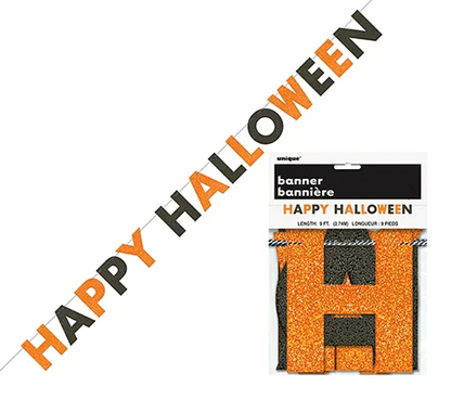 Happy Halloween Black & Orange Glitter Jointed Banner 2.74m