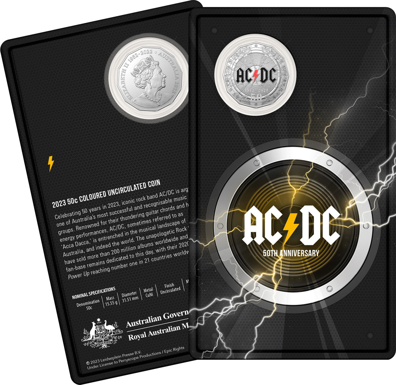 2023 50c - 50th Anniversary of AC/DC UNC + 20c AC/DC Volume II 6 Coin Collection COMBO