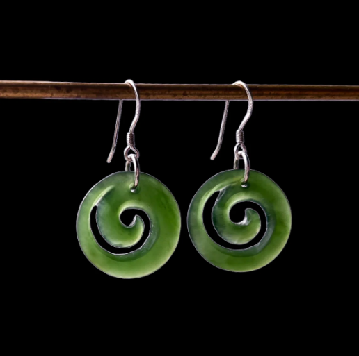 Pounamu Koru Mau Taringa - New Zealand Jade Koru Earrings