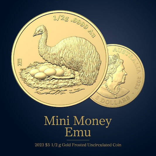 2023 Mini Money Emu $5 1/2g Gold Frosted Uncirculated Coin Capsule Ram Australia