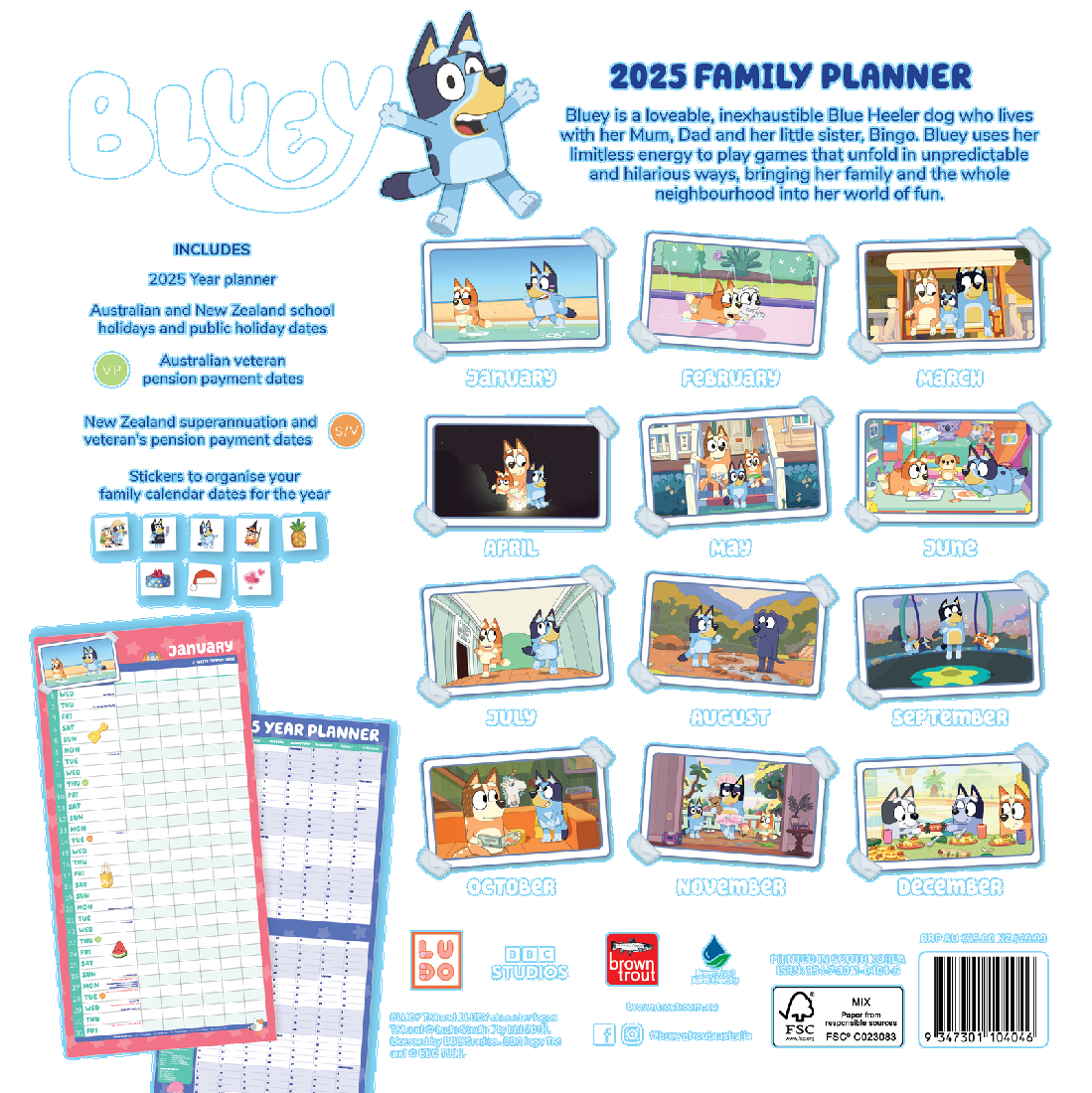 2025 12 Month Bluey Family Planner Wall Calendar