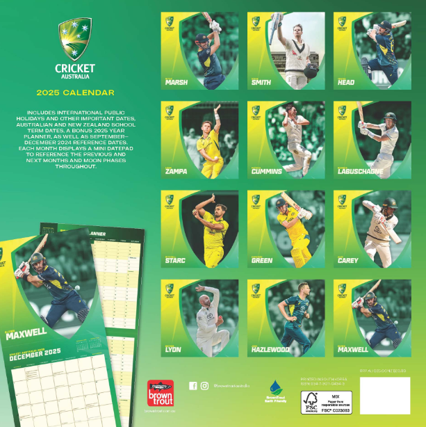 2025 12 Month Australian Cricket Wall Calendar