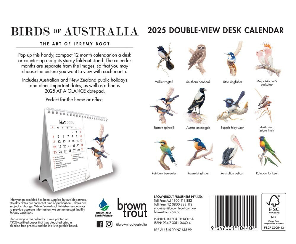 2025 12 Month Birds Of Australia The Art Of Jeremy Boot Double View Desk Calendar