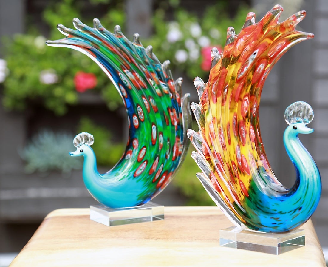 Rikaro Multicoloured Dancing Peacock Art Glass Sculpture 