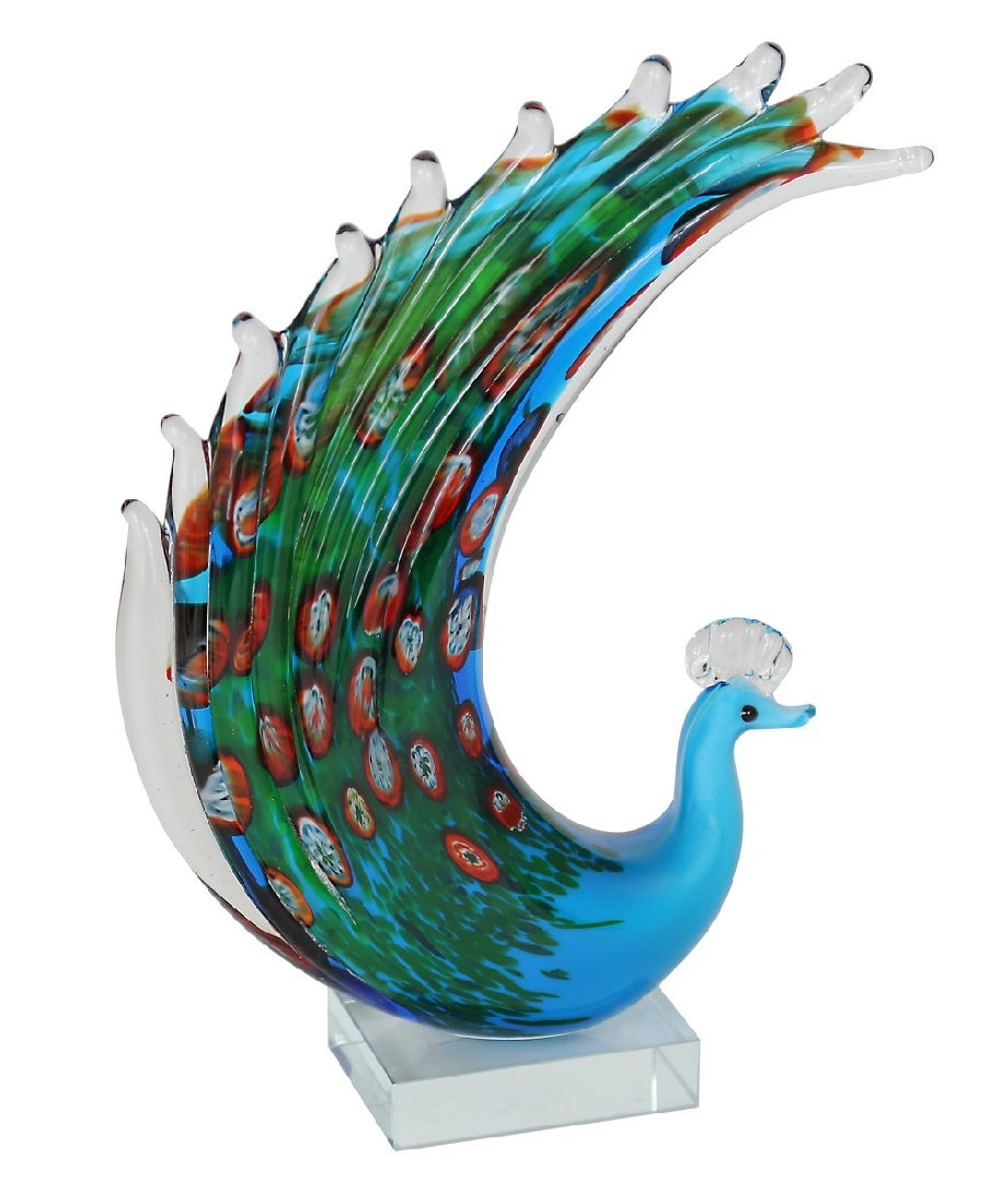 Rikaro Natural Dancing Peacock Art Glass Sculpture 