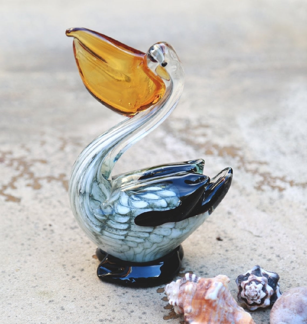 Rikaro Black & White Pelican Art Glass Sculpture 