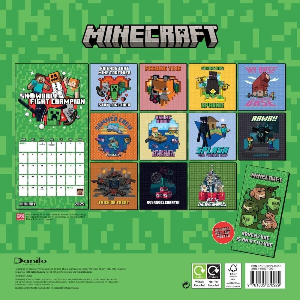 2025 12 Month Official Minecraft Wall Calendar