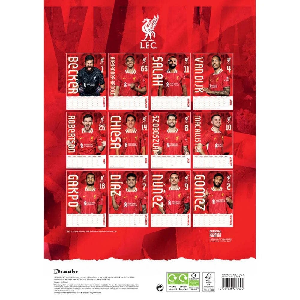 2025 12 Month A3 Official Liverpool Football Club Calendar