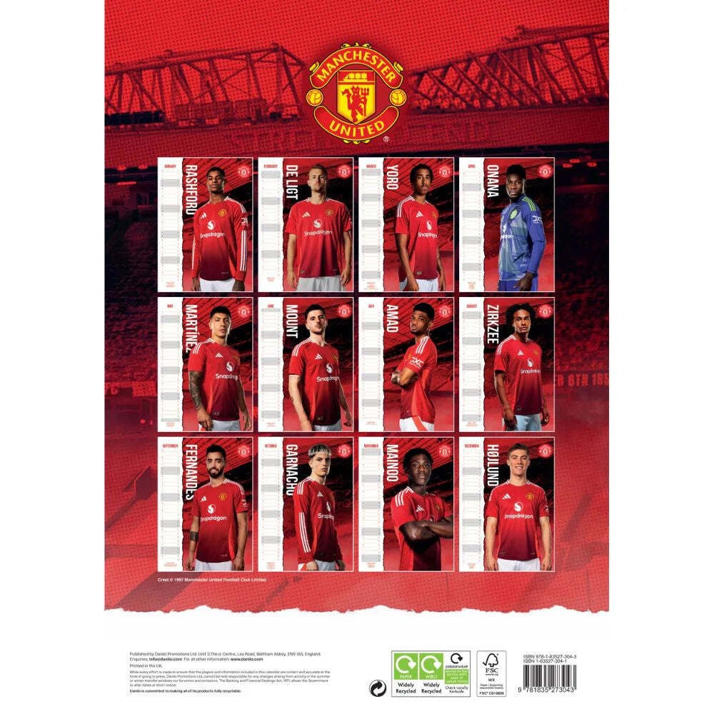 2025 12 Month A3 Official Manchester United Football Club Wall Calendar