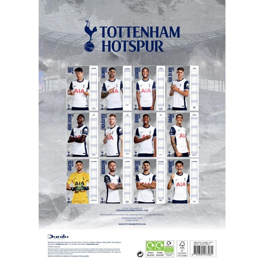 2025 12 Month A3 Official Tottenham Hotspur Football Club Wall Calendar