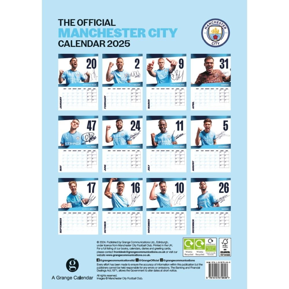 2025 12 Month A3 Official Manchester City Football Club Wall Calendar