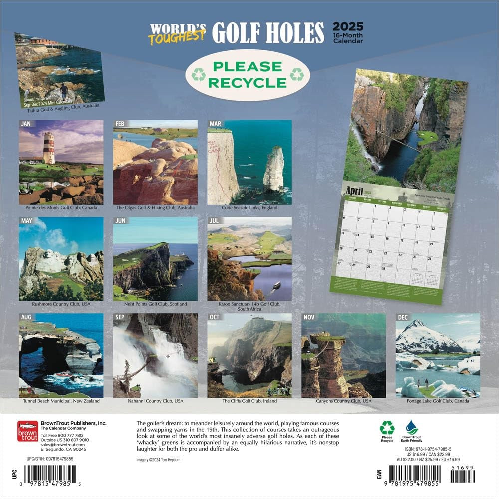 2025 16 Month World's Toughest Golf Holes Wall Calendar