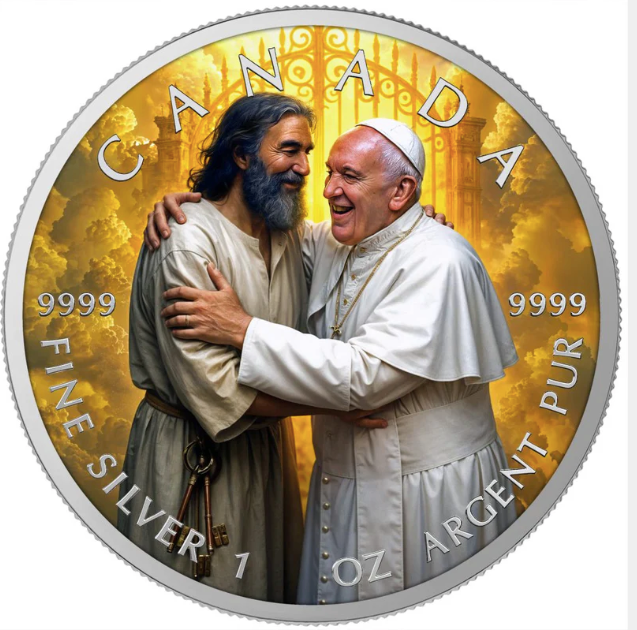 POPE FRANCIS WELCOME HOME 2025 CANADA 1OZ SILVER $5 COLOURED COIN