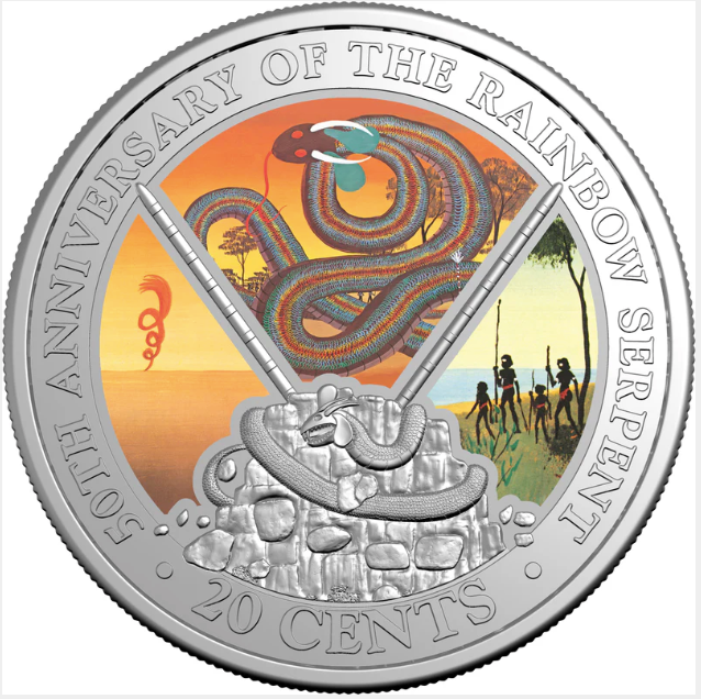 50TH ANNIVERSARY OF THE RAINBOW SERPENT 2025 20C COLOURED UNCIRCULATED COIN