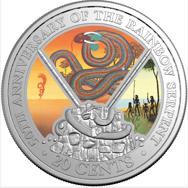 50TH ANNIVERSARY OF THE RAINBOW SERPENT SPECIAL EDITION BOOK 2025 20C COLOURED UNCIRCULATED COIN