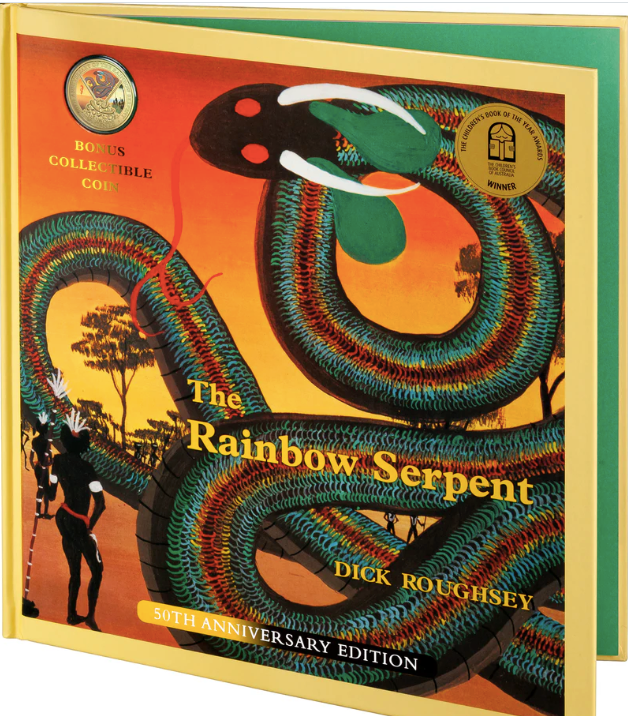 50TH ANNIVERSARY OF THE RAINBOW SERPENT DELUXE SPECIAL EDITION BOOK 2025 20C GOLD-PLATED COLOURED UNCIRCULATED COIN