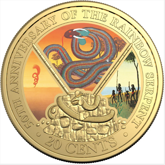 50TH ANNIVERSARY OF THE RAINBOW SERPENT DELUXE SPECIAL EDITION BOOK 2025 20C GOLD-PLATED COLOURED UNCIRCULATED COIN