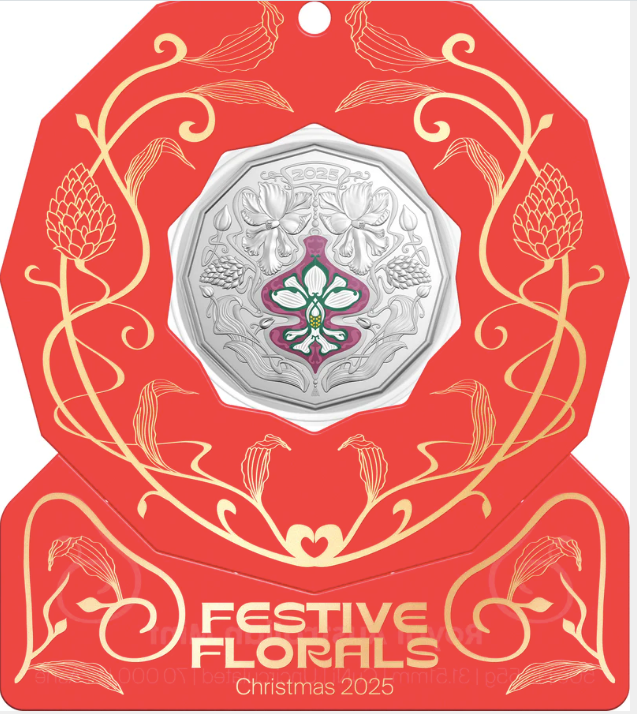 Christmas Festive Florals 2025 50c Coloured Uncirculated Coin Red