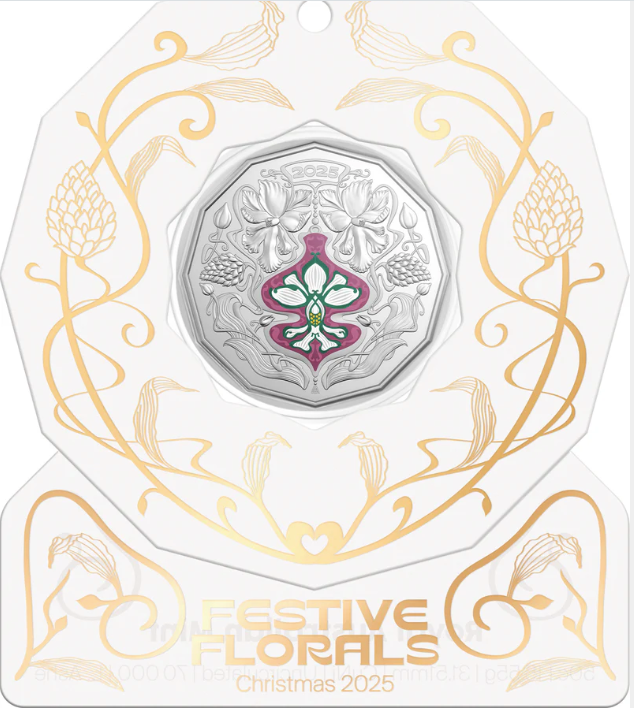 Christmas Festive Florals 2025 50c Coloured Uncirculated Coin White
