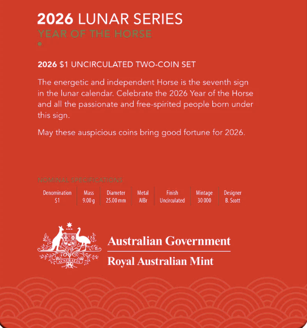Lunar Series Year Of The Horse 2026 $1 Uncirculated Two-coin Set