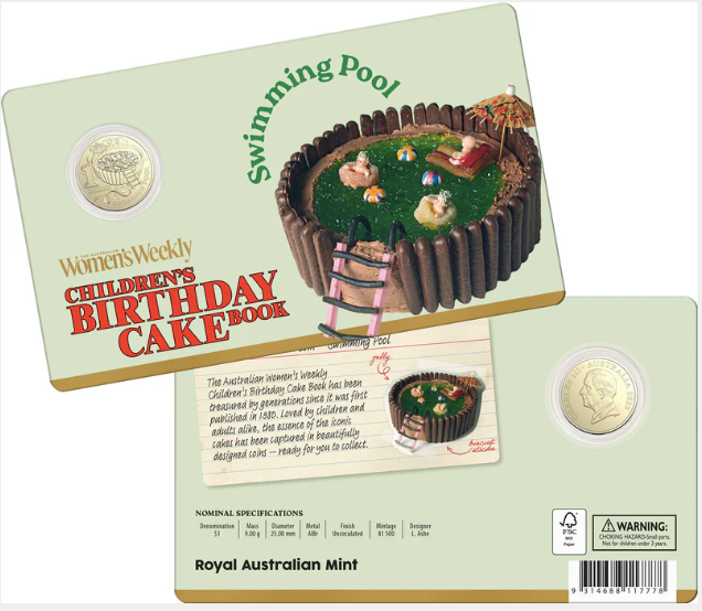 AWW BIRTHDAY CAKE SWIMMING POOL 2025 $1 UNCIRCULATED COIN IN CARD
