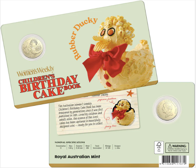 AWW BIRTHDAY CAKE RUBBER DUCKY 2025 $1 UNCIRCULATED COIN IN CARD