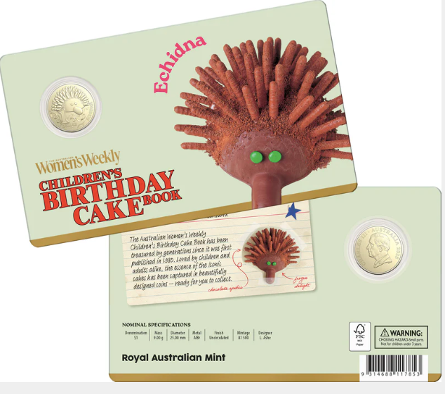 AWW BIRTHDAY CAKE ECHIDNA 2025 $1 UNCIRCULATED COIN IN CARD