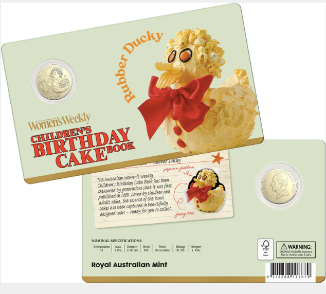 AWW BIRTHDAY CAKE RUBBER DUCKY 2025 $1 UNCIRCULATED COIN IN CARD