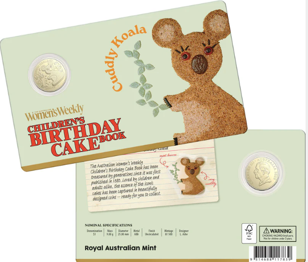 AWW BIRTHDAY CAKE CUDDLY KOALA 2025 $1 UNCIRCULATED COIN IN CARD