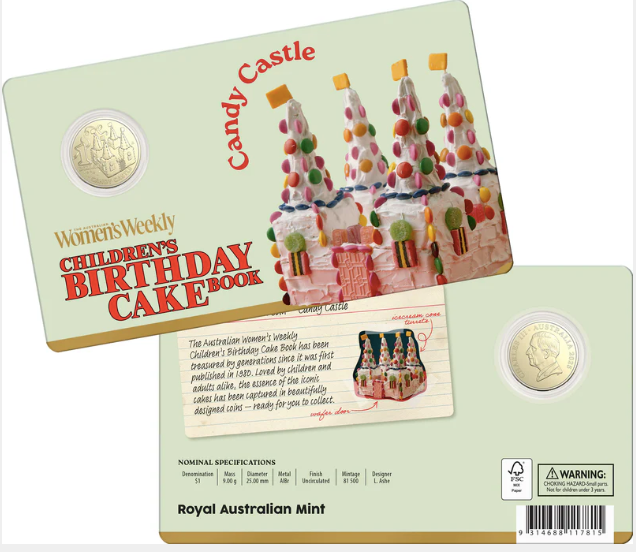 AWW BIRTHDAY CAKE CANDY CASTLE 2025 $1 UNCIRCULATED COIN IN CARD