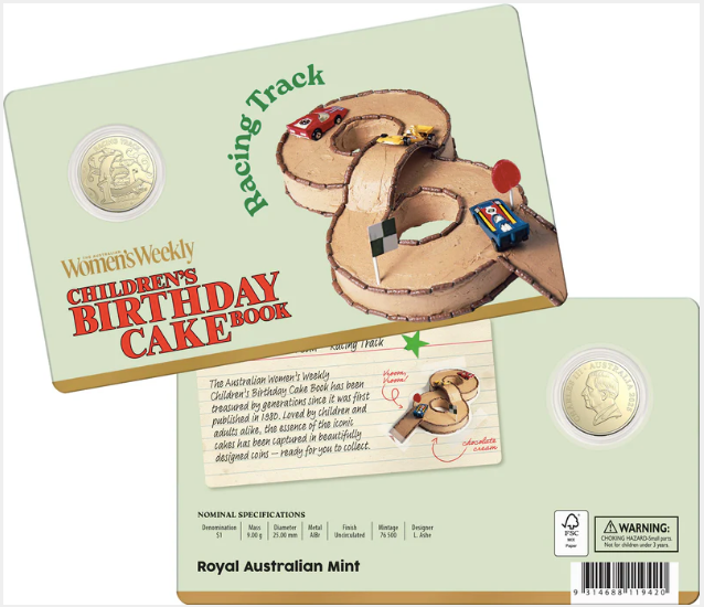 AWW BIRTHDAY CAKE RACING TRACK 2025 $1 UNCIRCULATED COIN IN CARD