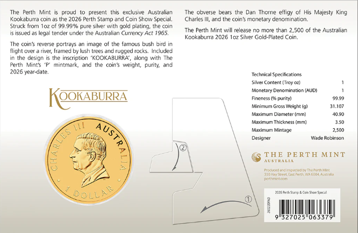 Australian Kookaburra Perth Stamp And Coin Show 2026 1oz Silver Gold-plated Coin In Card