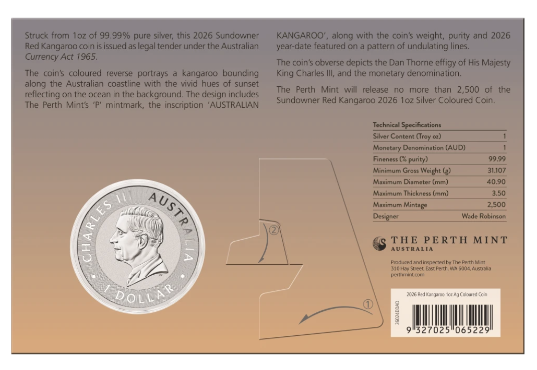 Sundowner Red Kangaroo 2026 1oz Silver Coloured Coin In Card
