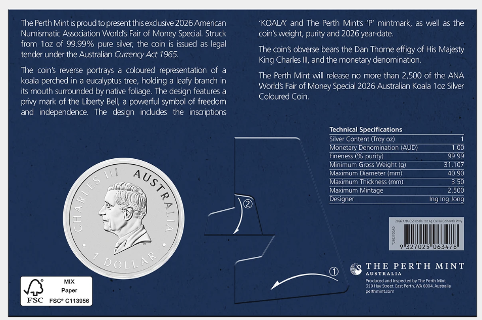 ANA Coin Show Special 2026 Koala 1oz Silver Coloured Coin With Liberty Bell Privy