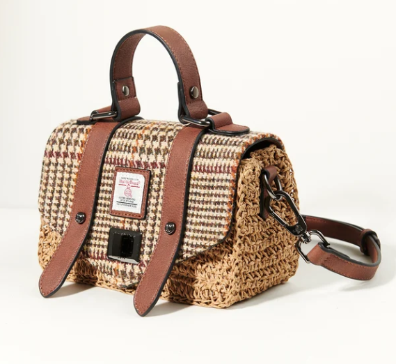 Islander Mini Straw Satchel Beige Dog-tooth